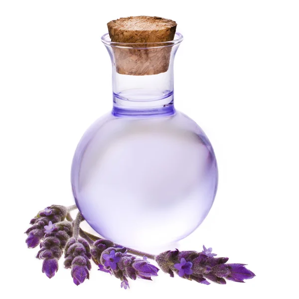Lavendelblütenwasser in einer Glasflasche mit Blüten Stockfoto
