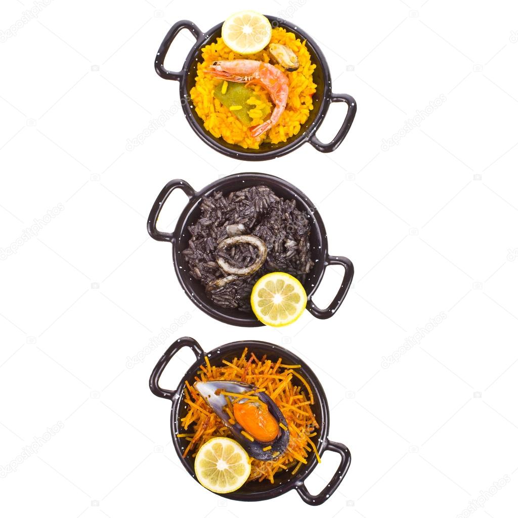 Spanish Mediterranean sea food - black rice, paella, noodles