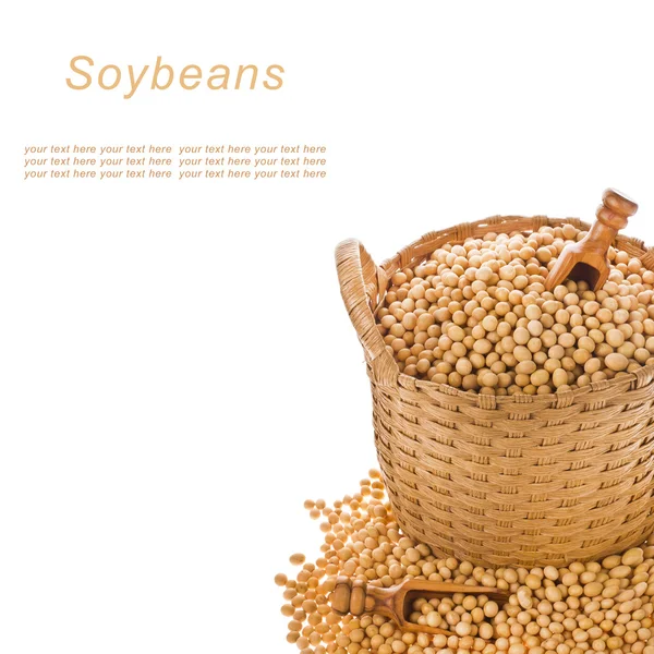 Soybeans with a wooden spoon in a small wicker basket isolated on white background. — Stock Photo, Image