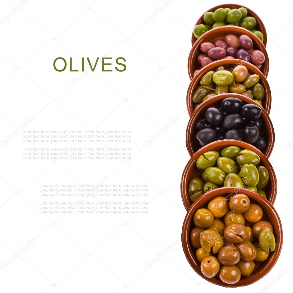 Different varieties of olives marinated in traditional clay bowls isolated on white background