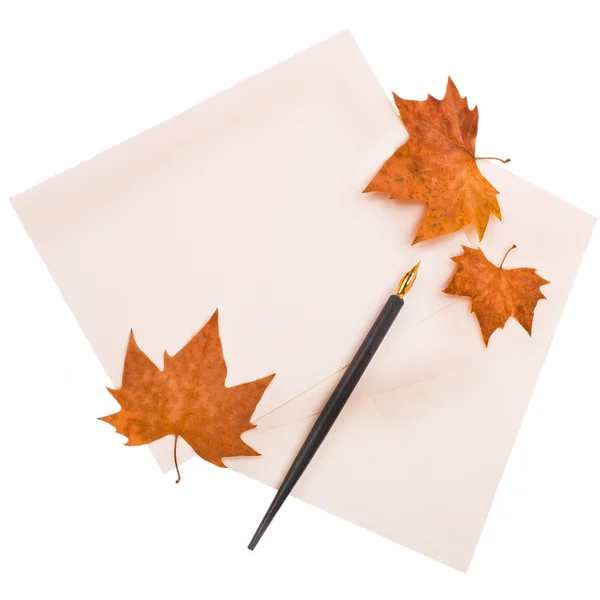 Old ink pen, parchment paper for the letter, and autumn leaves isolated on white background — Stock Photo, Image