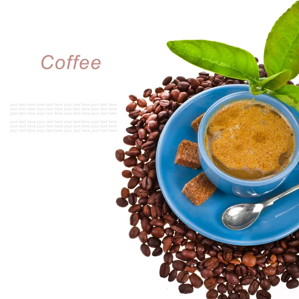 Dricka kaffe - Keramikmugg med färskt kaffe och kaffebönor runt isolerade på vit bakgrund — Stockfoto