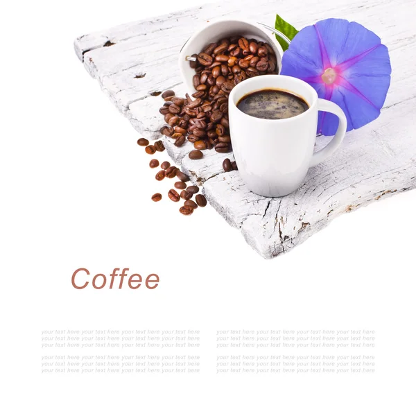 Freshly brewed black coffee in a white cup and grain unground coffee on white boards isolated on white background — Stock Photo, Image