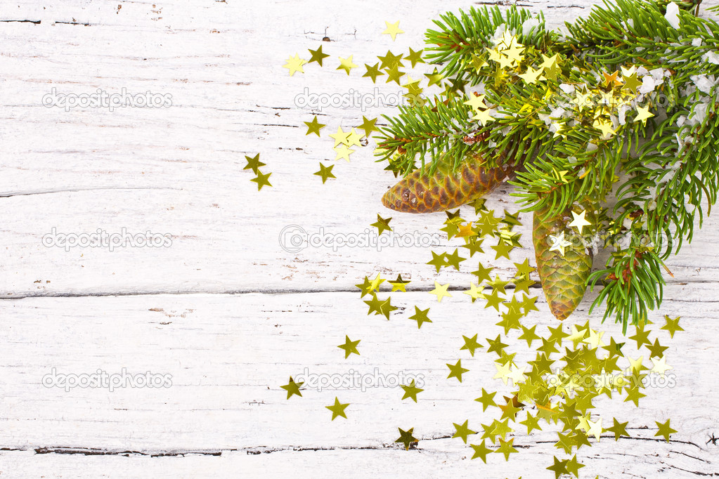 Branch of Christmas tree and gold star confetti