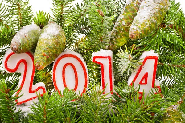 Branch of Christmas tree with numbers in 2014 sprinkled with snow — Stock Photo, Image