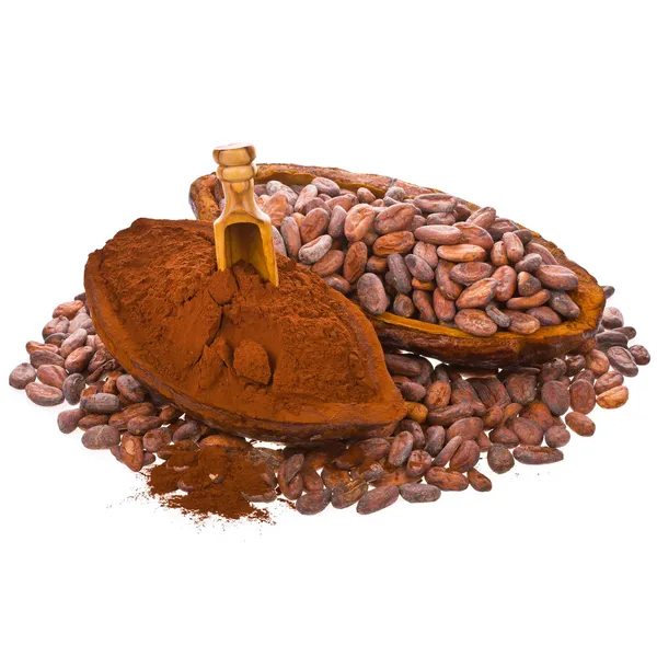 ココア フルーツとこぼれた豆にココア豆 — ストック写真