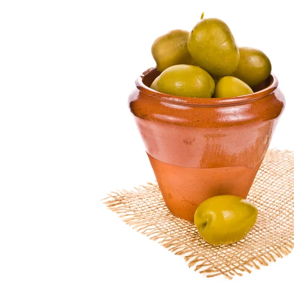 Big marinated olives in a clay pot — Stock Photo, Image