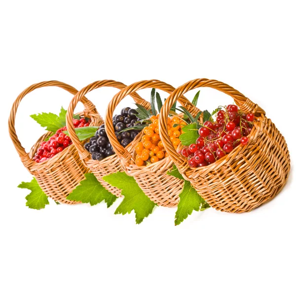 Wicker baskets with various fresh berries — Stock Photo, Image