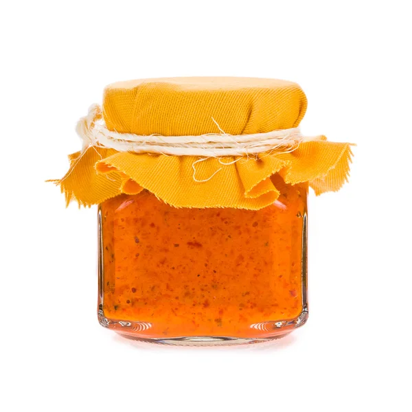 Glazen pot met paprika saus — Stockfoto