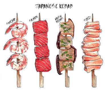 Japon kebabı. Karides, somon, mantar, kalamar.