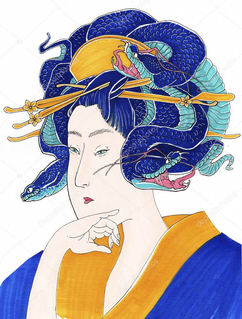 geisha's face with snakes instead of hair on the background of the ornament
