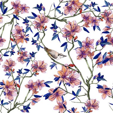 Çiçekli bir Rhododendron dalında oturan bir kuş. Suluboya çizimi