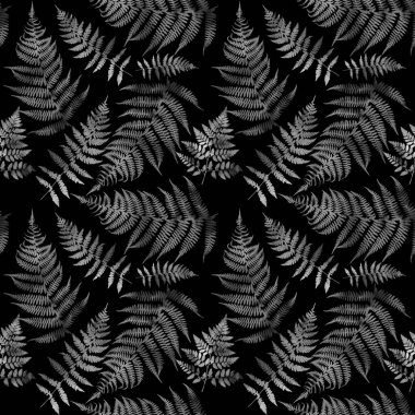 Yapraklı kusursuz desen. Dikensiz eğrelti otunun suluboya çizimi. Bir polipodiyodit bitkinin yaprakları ve dallarının dekoratif arka planı.