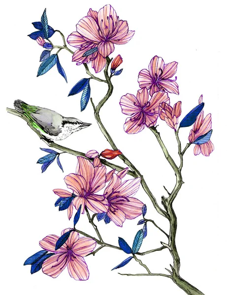 Pták Sedící Větvi Kvetoucího Rododendronu Obrázek Barvy Akvarelu — Stock fotografie