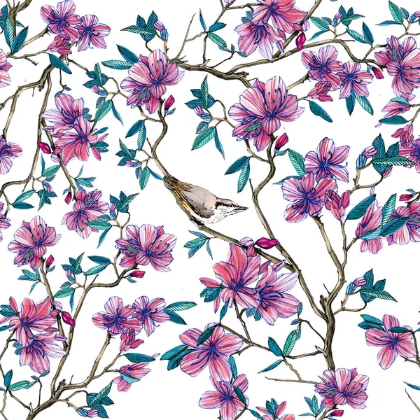 Птах Сидить Гілці Квітучого Рододендрону Ватерколірна Ілюстрація — стокове фото