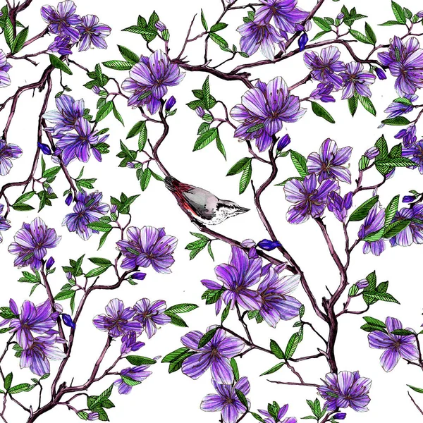 Bird Sitting Branch Flowering Rhododendron Watercolor Illustration — Stock Photo, Image