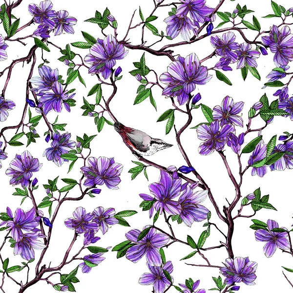 Oiseau Assis Sur Une Branche Rhododendron Fleurs Illustration Aquarelle — Photo