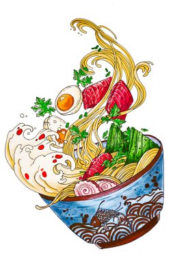 Japon eriştesi çorbası, sebze, yumurta, balık dolu bir tabakta yosun.