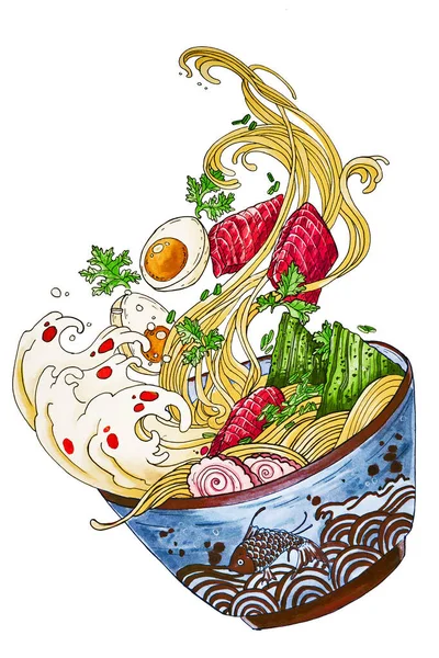 Japon eriştesi çorbası, sebze, yumurta, balık dolu bir tabakta yosun.