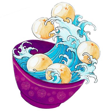 Tang Yuan 'ın suluboya resimleri. Doğu Asya 'da kış aylarında sıkça servis edilen yapışkan pirinç toplarıyla tatlı dalga çorbası..