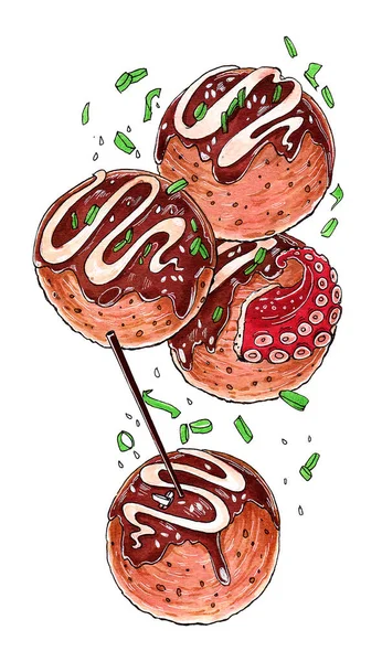 Geleneksel Japon aperatiflerinin suluboya çizimi Takoyaki