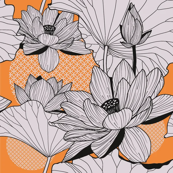 Nahtloses Muster Mit Natürlichen Ornamenten Asiatische Lotusblume — Stockvektor