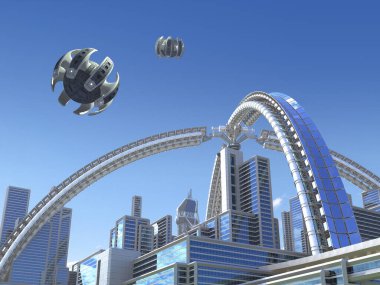 Gelecekçi mega şehir gökyüzü mimarisi metalik kemerli yapılar ve insansız hava araçlarıyla bilim kurgu geçmişleri için. 3D oluşturma ana hatlı kırpma yolunu içerir.
