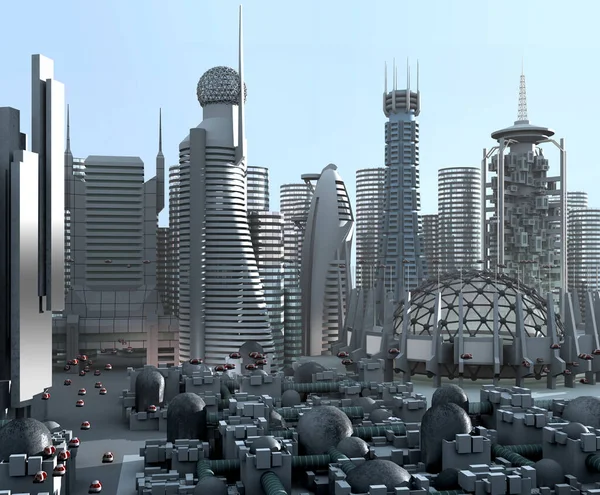 Mega Ciudad Skyline Arquitectura Futurista Con Estructuras Metálicas Para Fondos — Foto de Stock