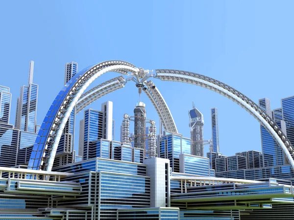 Mega City Skyline Futuristisk Arkitektur Med Metalliska Strukturer För Science — Stockfoto