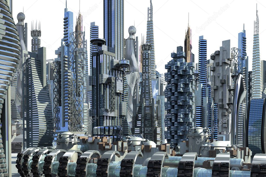 Mega city skyline futuristic architecture with metallic structures, for science fiction backgrounds. The outline clipping path is included in the 3D illustration.