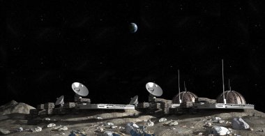 Kubbe yapıları, haberleşme uydu çanakları, konteyner modülleri ve gözlem güverteleri ile uzay keşfi ve bilim kurgu geçmişleri için Ay üssü yerleşiminin 3 boyutlu çizimi.