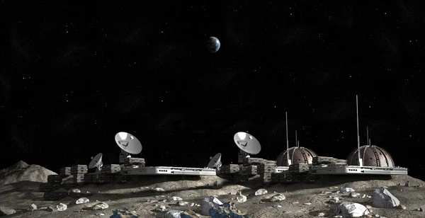 Ilustração Assentamento Base Lunar Com Estruturas Cúpula Antenas Parabólicas Comunicação — Fotografia de Stock