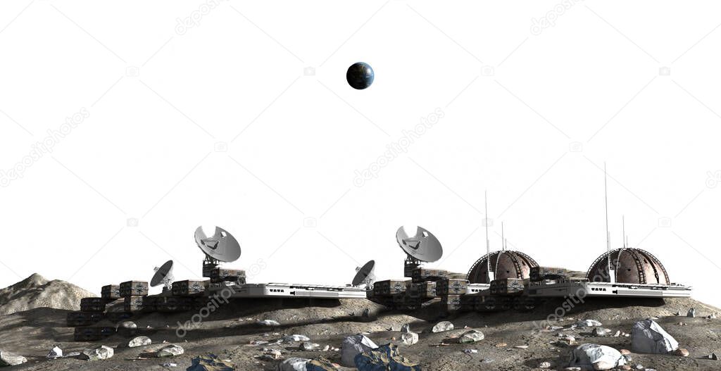 3D Rendering of a Moon base and Earth settlement, isolated on white with the clipping path included in the file for space exploration backgrounds and science fiction graphics.