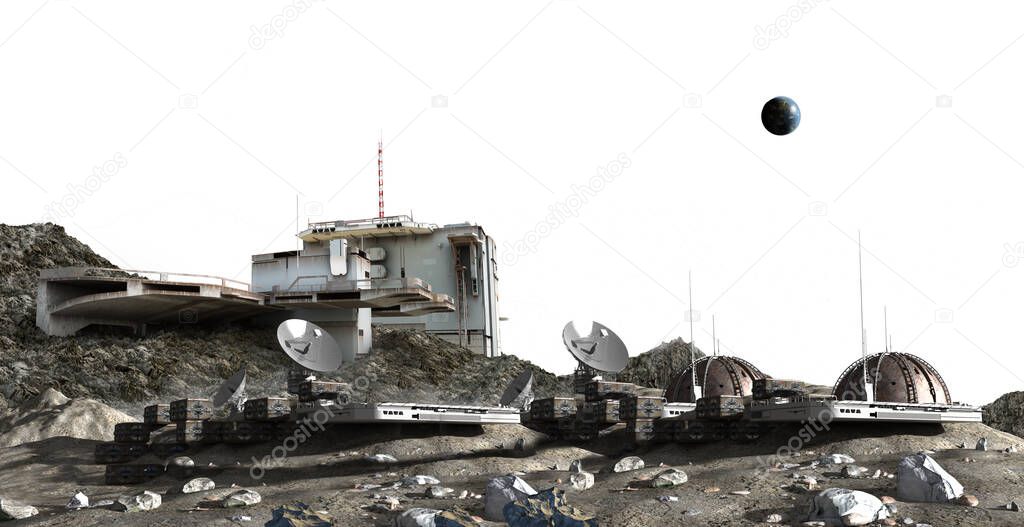 3D Rendering of a Moon base colony, isolated on white with the clipping path included in the file for space exploration backgrounds and science fiction graphics.