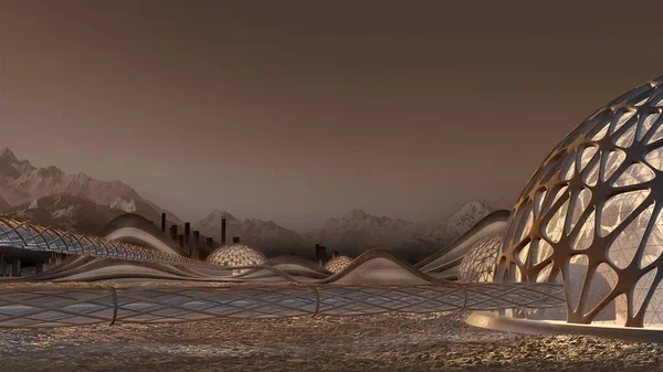 具有穹顶结构 通信和运输走廊 生境模块的火星基地住区的三维说明 供空间探索和科幻小说背景使用 — 图库照片