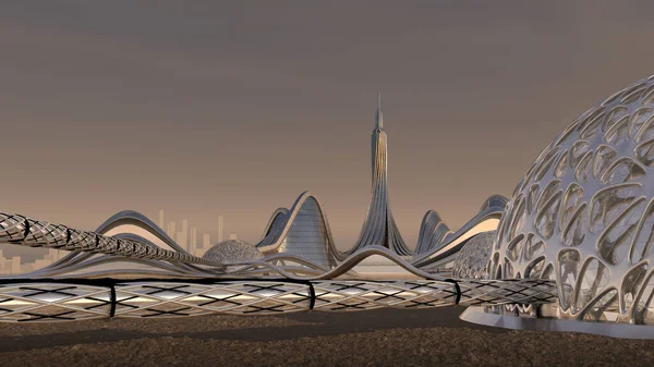 City Skyline Rendering Med Futuristisk Metallisk Arkitektur Isolerad Svart Med — Stockfoto