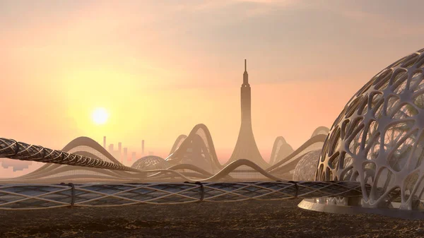 3D渲染了未来城市的地平线在日落与金属结构的科幻小说背景 — 图库照片