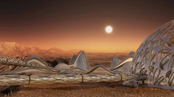 Ілюстрація Колонії Марсі Будівлями Дослідницькими Куполами Транспортними Коридорами Дослідження Космосу — стокове фото