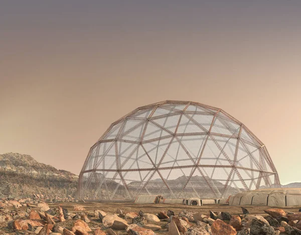 Boyutlu Jeodezik Kubbe Giriş Hava Kilitleri Bir Mars Ileri Karakol — Stok fotoğraf