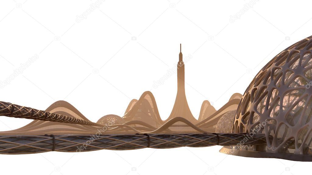 City skyline 3d rendering with futuristic, metallic architecture, isolated on white with the clipping path included in the file for space exploration backgrounds and science fiction graphics
