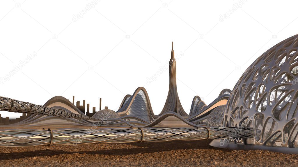 3D Rendering of a Mars base colony skyline with futuristic architecture, isolated on white with the clipping path included in the file for space exploration backgrounds and science fiction graphics.
