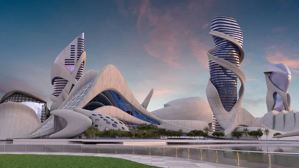 Skyline Ville Futuriste Avec Des Structures Organiques Pour Les Milieux — Photo