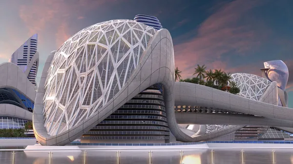科幻小说和3D图解背景下的有机建筑的未来主义城市建筑 — 图库照片