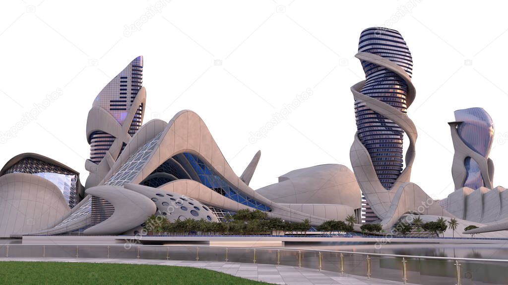 3D skyline illustration with horizon clipping path for a futuristic city with high rise structures surrounded by organic architecture, for science fiction backgrounds
