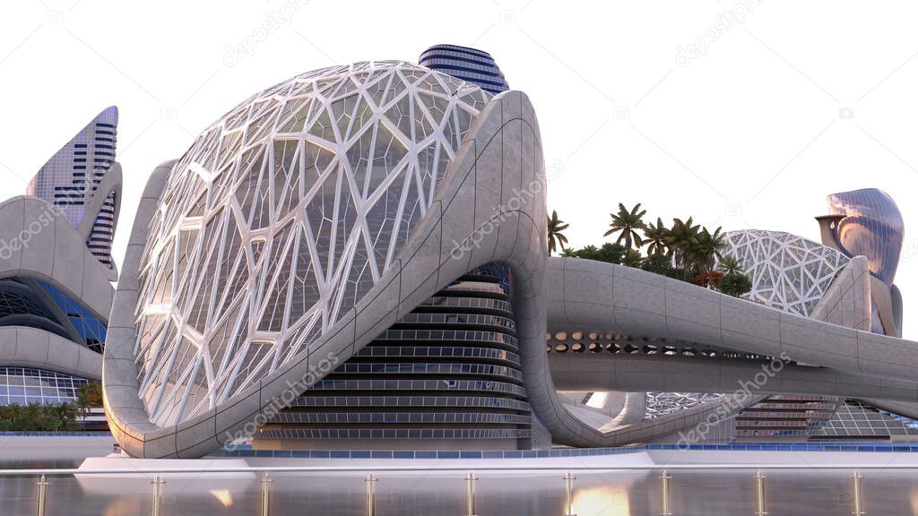 3D illustration of a futuristic city silhouette with organic architecture, isolated on white with the clipping path included in the file, for science fiction or fantasy backgrounds.