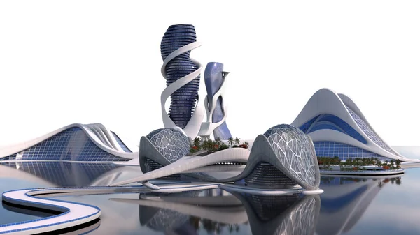 Futuristische Stad Silhouet Met Organische Architectuur Geïsoleerd Wit Met Clipping — Stockfoto