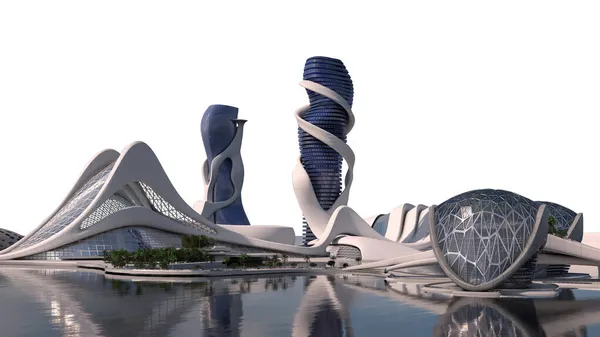 Illustratie Van Een Futuristisch Stadssilhouet Met Organische Architectuur Geïsoleerd Wit — Stockfoto