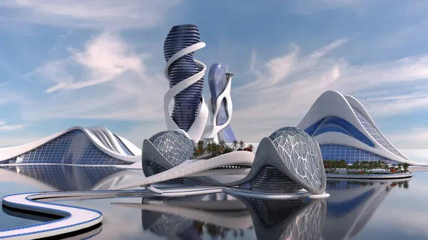 Skyline Illustration Futuristisk Stad Med Höga Strukturer Omgiven Organisk Arkitektur — Stockfoto