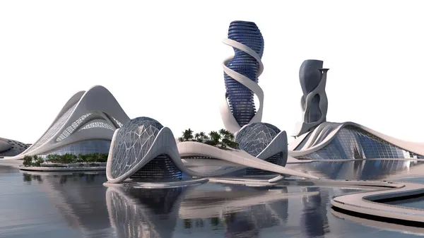 Illustratie Van Een Futuristisch Stadssilhouet Met Organische Architectuur Geïsoleerd Wit — Stockfoto