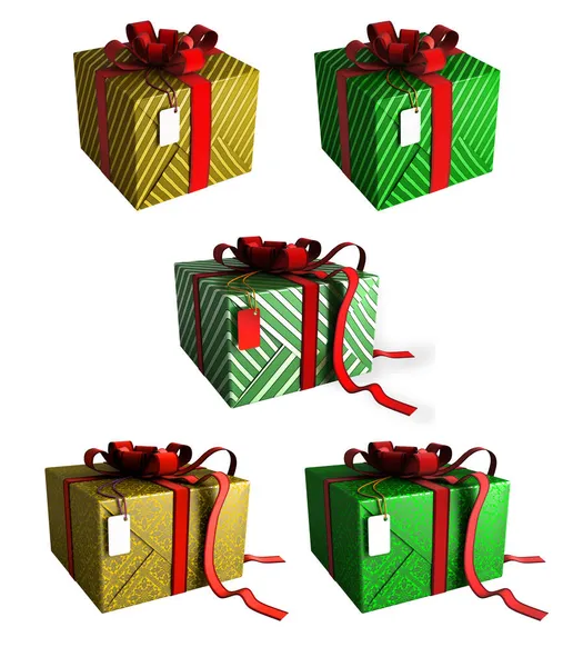 3Dイラストのために ファイルに含まれるクリッピングパスを持つ金と緑のラッピング 赤いリボンとタグを持つクリスマスボックスのコラージュ — ストック写真